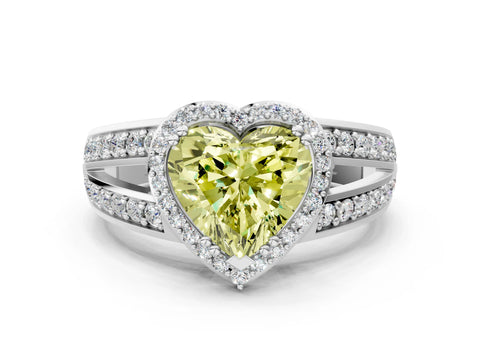 White gold Fancy Yellow Heart Cut Diamond Halo Ring with Split Shank Pavé Band and Four-Prong Setting