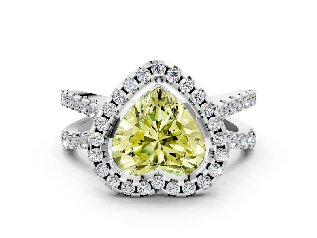 White gold Fancy Yellow Heart Cut Diamond Halo Ring with Split Shank Pavé Band and Prong Setting_80