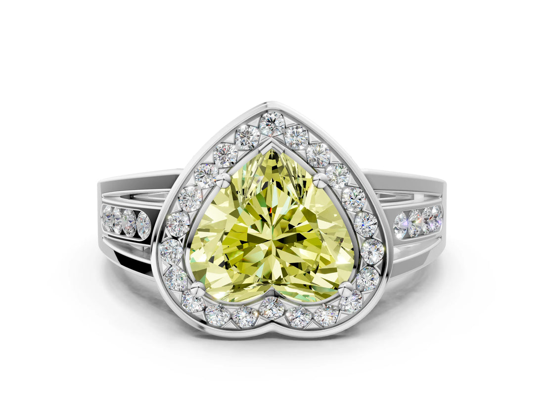 White gold Fancy Yellow Heart Cut Diamond Halo Ring with Split Shank and Bezel Accents and Prong Setting