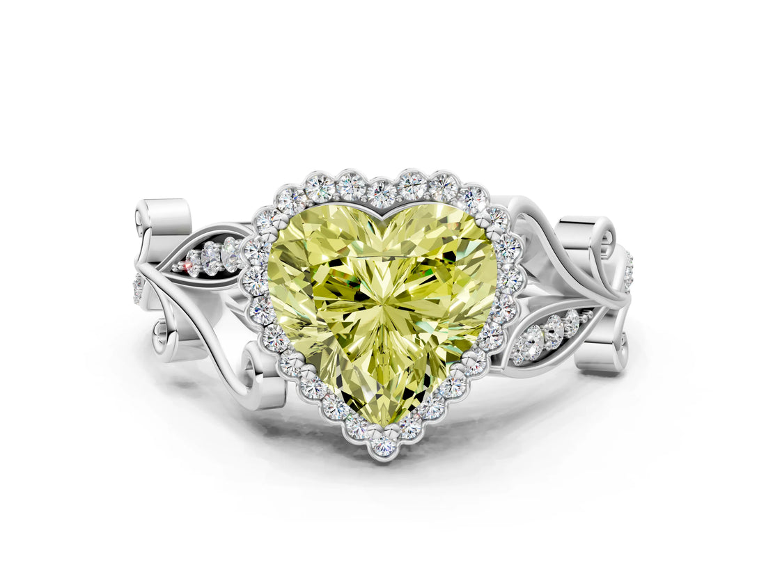 White gold Fancy Yellow Heart Cut Diamond Halo Ring with Vintage Split Shank and Four-Prong Setting_132