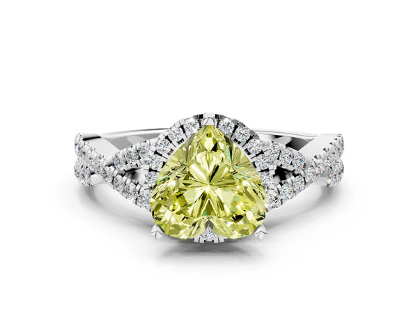 White gold Fancy Yellow Heart Cut Diamond  Halo Twist Band Solitaire Prong Setting Ring