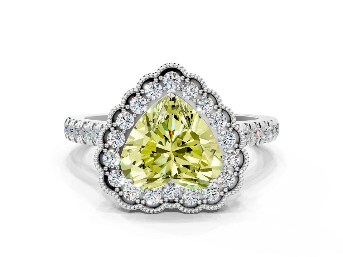 White gold Fancy Yellow Heart  Cut Diamond Milgrain Floral Halo Engagement Ring with Pavé Band_15