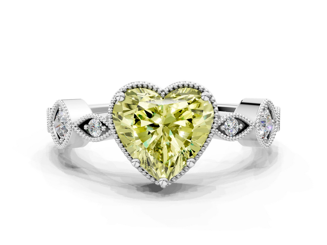 White gold Fancy Yellow Heart  Cut Diamond Milgrain Marquise Band with Prong Setting_3