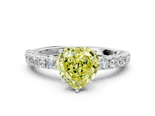 White gold Fancy Yellow Heart Cut Diamond Pavé Band Solitaire Ring with Prong Setting