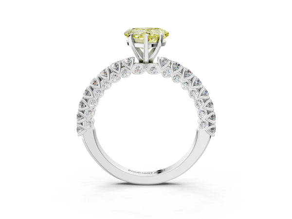 White gold Fancy Yellow Heart Cut Diamond Pavé Band Solitaire Ring with Prong Setting