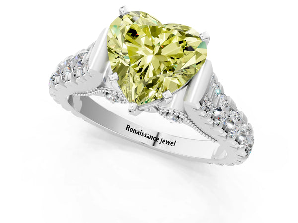 White gold Fancy Yellow Heart Cut Diamond Classic Solitaire Ring with Pavé Band and Four-Prong Setting