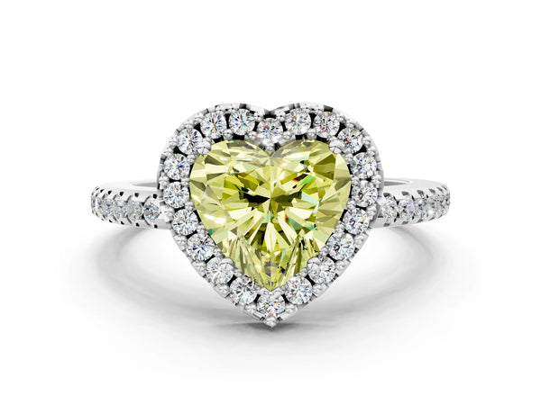 White gold Fancy Yellow Heart Cut Diamond Pavé Halo Ring with Four-Prong Setting