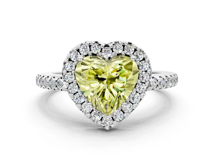White gold Fancy Yellow Heart Cut Diamond Pavé Halo Ring with Four-Prong Setting