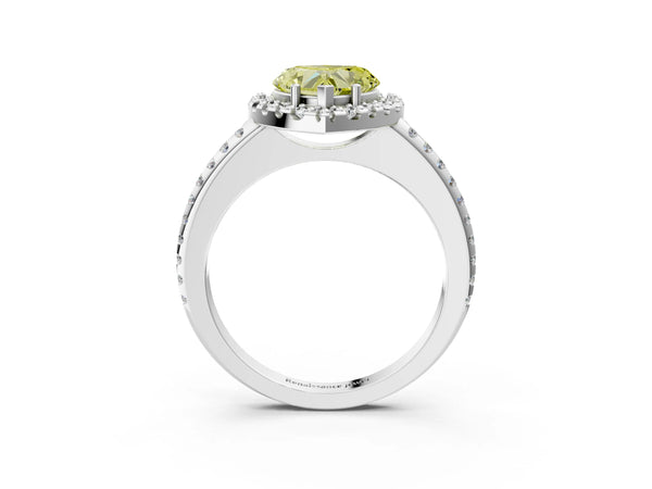 White gold Fancy Yellow Heart Cut Diamond Pavé Halo Ring with Four-Prong Setting