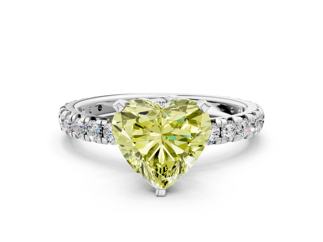 White gold Fancy Yellow Heart Cut Diamond Pavé Solitaire Ring with Round Band and Prong Setting_14