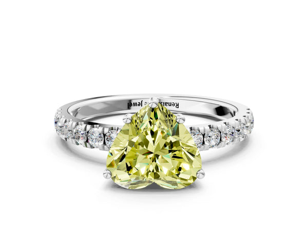 Platinum Fancy Yellow Heart Cut Diamond Pave Band Solitaire Ring with Round  and Prong Setting