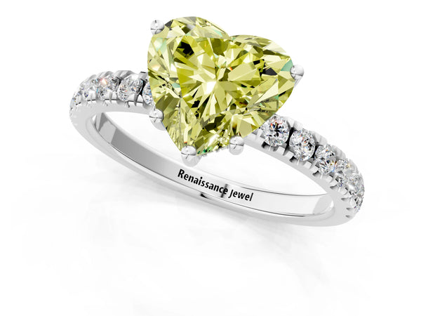 Platinum Fancy Yellow Heart Cut Diamond Pave Band Solitaire Ring with Round  and Prong Setting