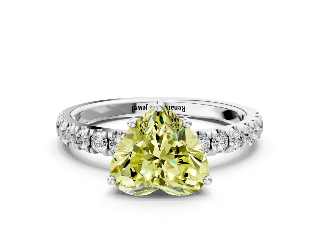 White gold Fancy Yellow Heart Cut Diamond Pave Band Solitaire Ring with Round  and Prong Setting_124