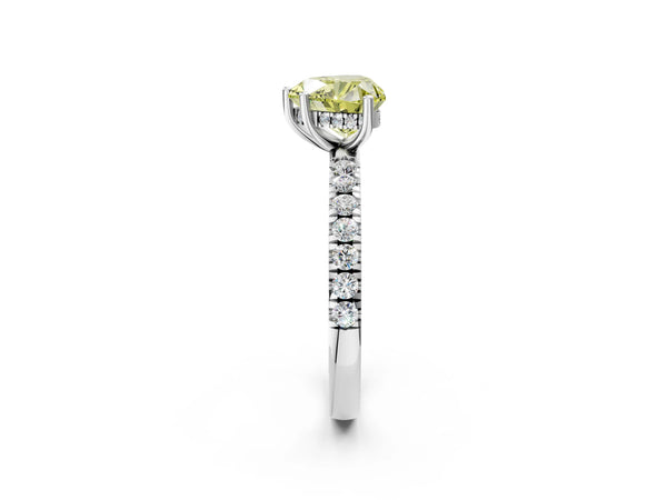 Platinum Fancy Yellow Heart Cut Diamond Pave Band Solitaire Ring with Round  and Prong Setting