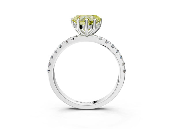 Platinum Fancy Yellow Heart Cut Diamond Pave Band Solitaire Ring with Round  and Prong Setting