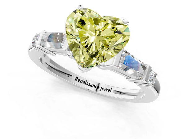 White gold Fancy Yellow Heart  Cut Diamond Ring with Baguette Side Stones, Channel Set Band, and Four-Prong Setting