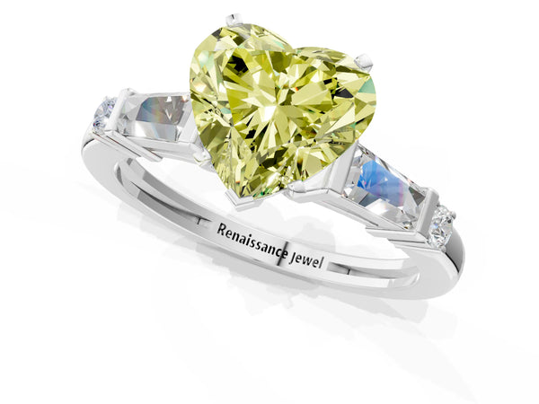 White gold Fancy Yellow Heart  Cut Diamond Ring with Baguette Side Stones, Channel Set Band, and Four-Prong Setting