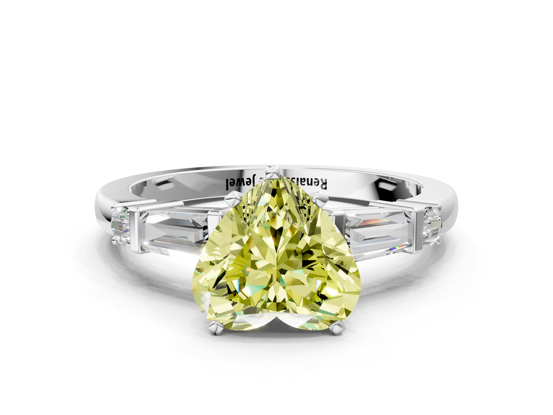 White gold Fancy Yellow Heart  Cut Diamond Ring with Baguette Side Stones, Channel Set Band, and Four-Prong Setting_3