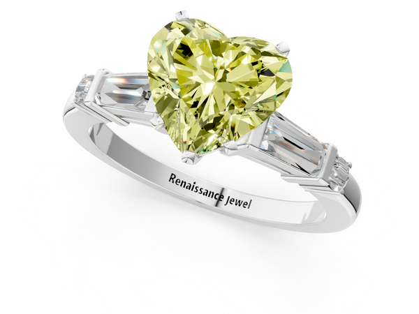 White gold Fancy Yellow Heart  Cut Diamond Ring with Baguette Side Stones, Channel Set Band, and Four-Prong Setting