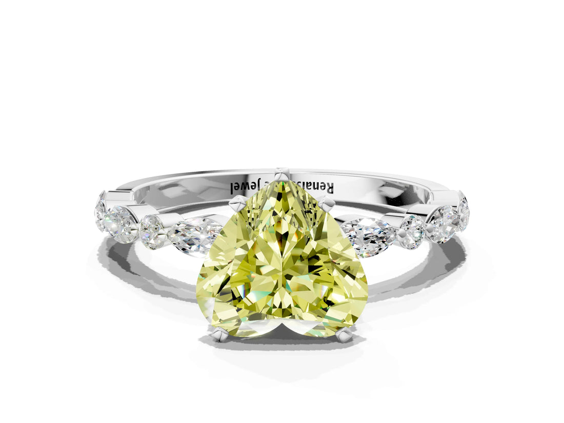 White gold Fancy Yellow Heart Cut Diamond Ring with Marquise and Round  Side Stones and Four-Prong Setting_64