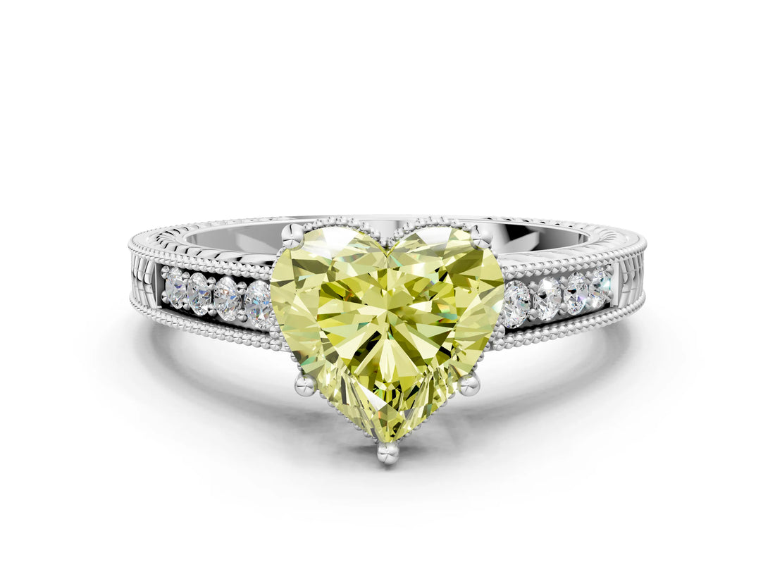 White gold Fancy Yellow Heart Cut Diamond Ring with Milgrain Pavé Band and Four-Prong Setting_32
