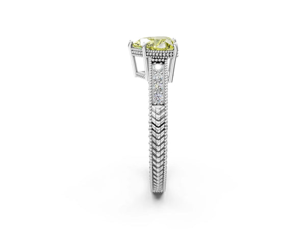 White gold Fancy Yellow Heart Cut Diamond Ring with Milgrain Pavé Band and Four-Prong Setting