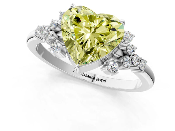 Platinum Fancy Yellow Heart Cut Diamond Ring with Side Stones and Four-Prong Setting