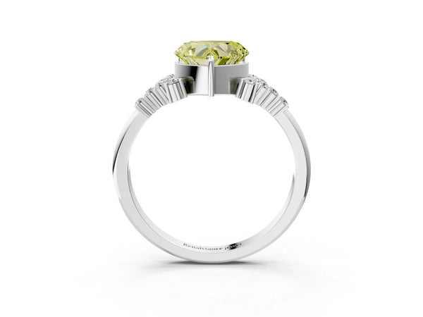 Platinum Fancy Yellow Heart Cut Diamond Ring with Side Stones and Four-Prong Setting