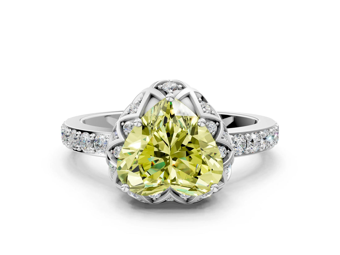 White gold Fancy Yellow Heart Cut Diamond Scalloped Halo Engagement Ring with Round Shared Prong Band_19