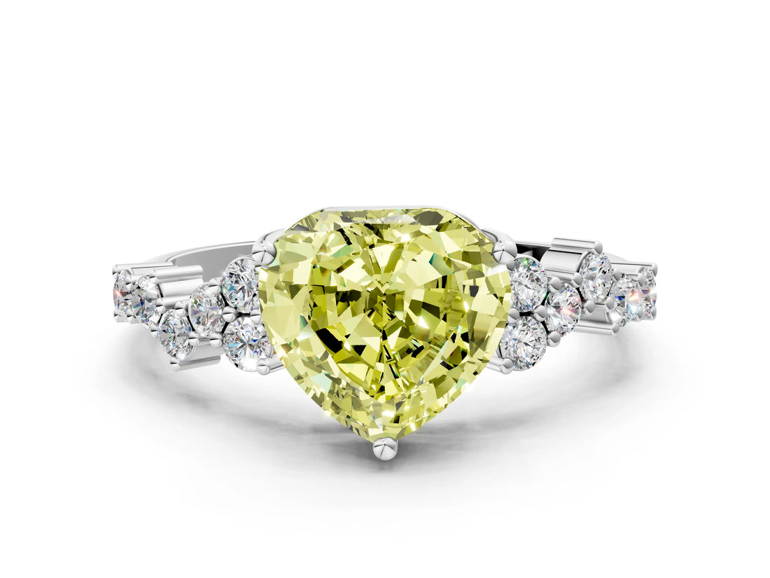 White gold Fancy Yellow Heart Cut Diamond Scattered Round Accent Ring with Prong Setting_12