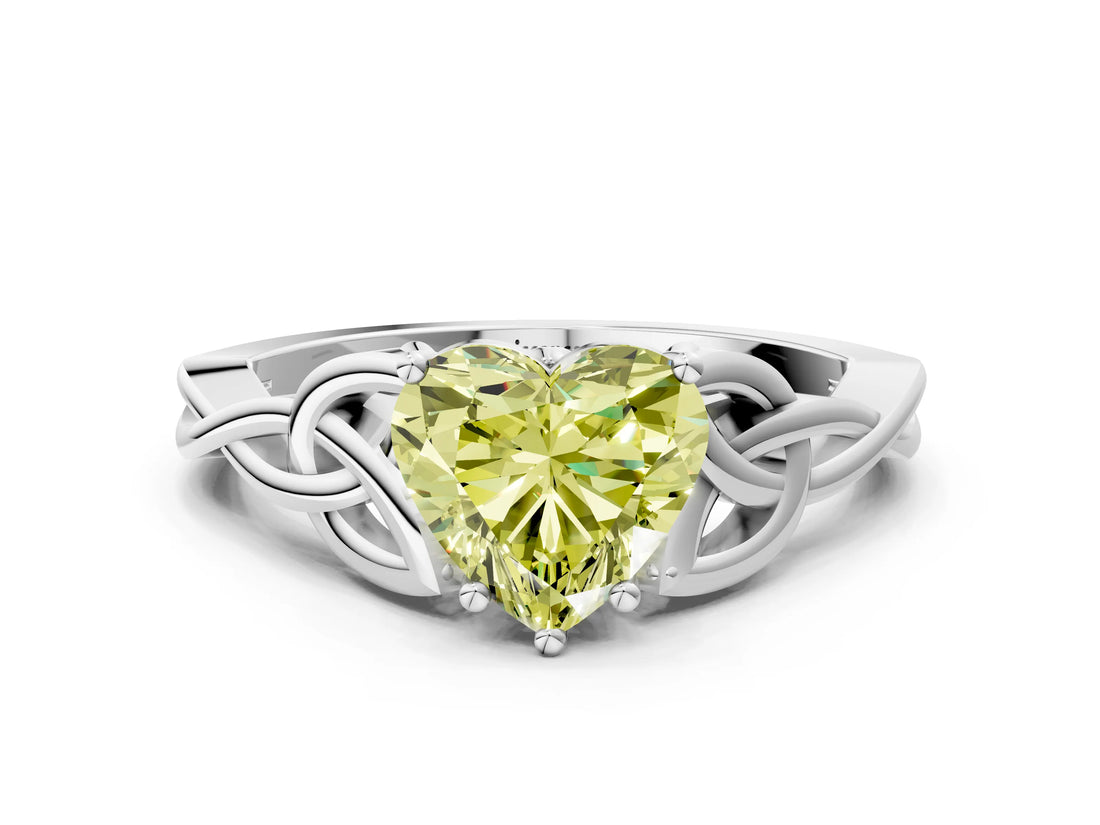 White gold Fancy Yellow Heart Cut Diamond Solitaire Celtic Knot Ring with Four-Prong Setting_102