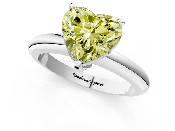 White gold Fancy Yellow Heart Cut Diamond Solitaire Engagement Ring with Round Band and Four-Prong Setting