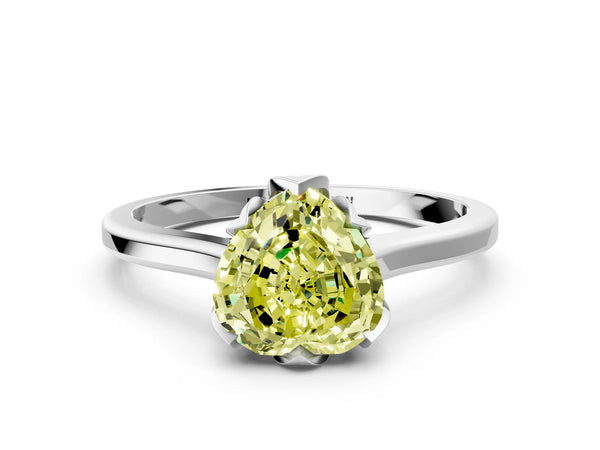 Platinum Fancy Yellow Heart Cut Diamond Solitaire Ring with Flower Prong Setting and Classic Band