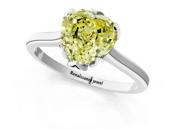Platinum Fancy Yellow Heart Cut Diamond Solitaire Ring with Flower Prong Setting and Classic Band