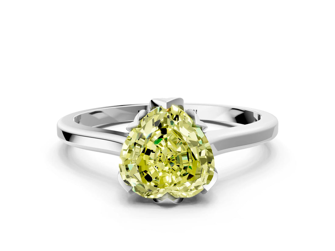 White gold Fancy Yellow Heart Cut Diamond Solitaire Ring with Flower Prong Setting and Classic Band_110