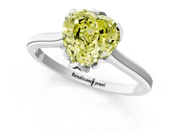 Platinum Fancy Yellow Heart Cut Diamond Solitaire Ring with Flower Prong Setting and Classic Band