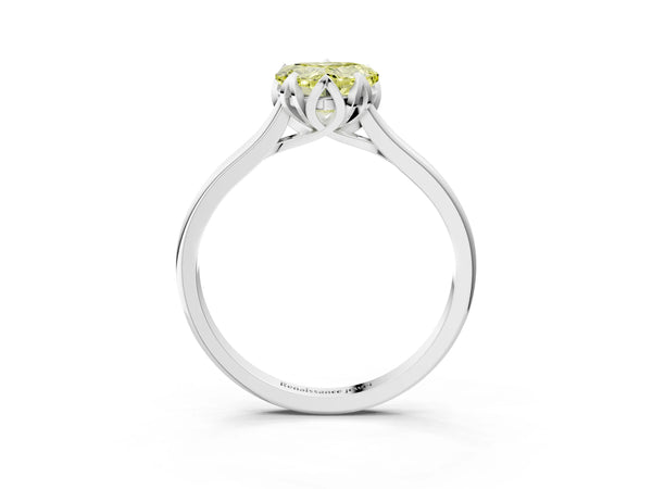 Platinum Fancy Yellow Heart Cut Diamond Solitaire Ring with Flower Prong Setting and Classic Band