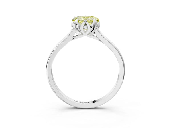 Platinum Fancy Yellow Heart Cut Diamond Solitaire Ring with Flower Prong Setting and Classic Band