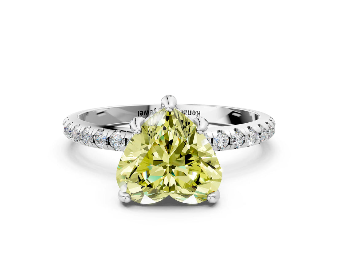 White gold Fancy Yellow Heart Cut Diamond Solitaire Ring with Four-Prong Setting and Pavé Band_3