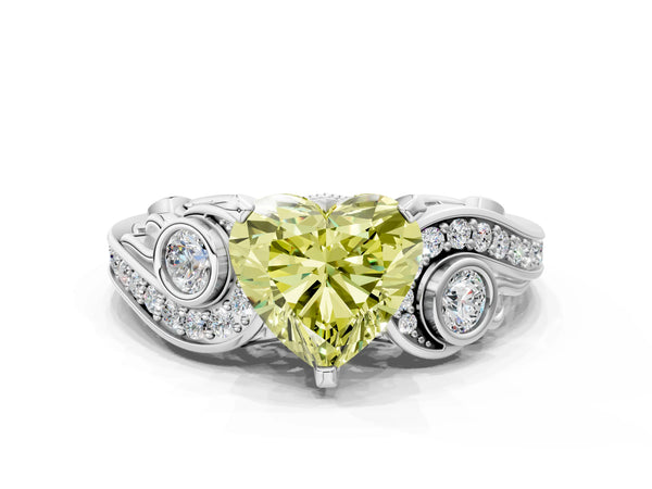 Platinum Fancy Yellow Heart Cut Diamond Solitaire Ring with Milgrain Pavé Band and Four-Prong Setting