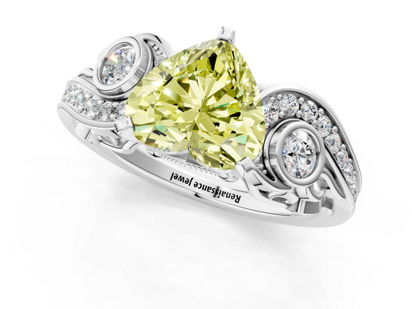 Platinum Fancy Yellow Heart Cut Diamond Solitaire Ring with Milgrain Pavé Band and Four-Prong Setting