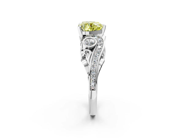 Platinum Fancy Yellow Heart Cut Diamond Solitaire Ring with Milgrain Pavé Band and Four-Prong Setting