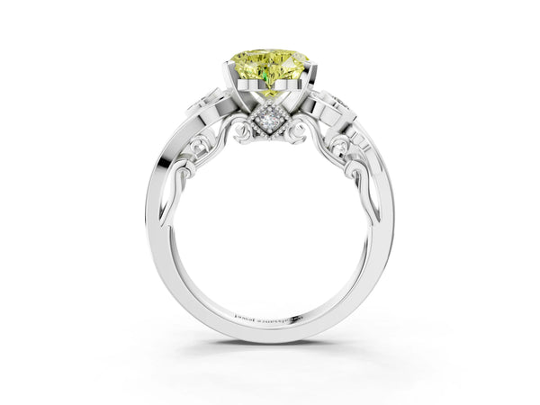 Platinum Fancy Yellow Heart Cut Diamond Solitaire Ring with Milgrain Pavé Band and Four-Prong Setting