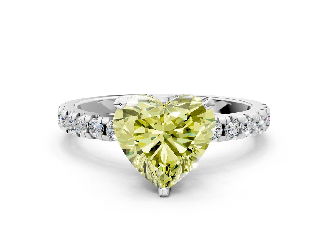 White gold Fancy Yellow Heart Cut Diamond Solitaire Ring with Pavé Band and Four-Prong Setting_86