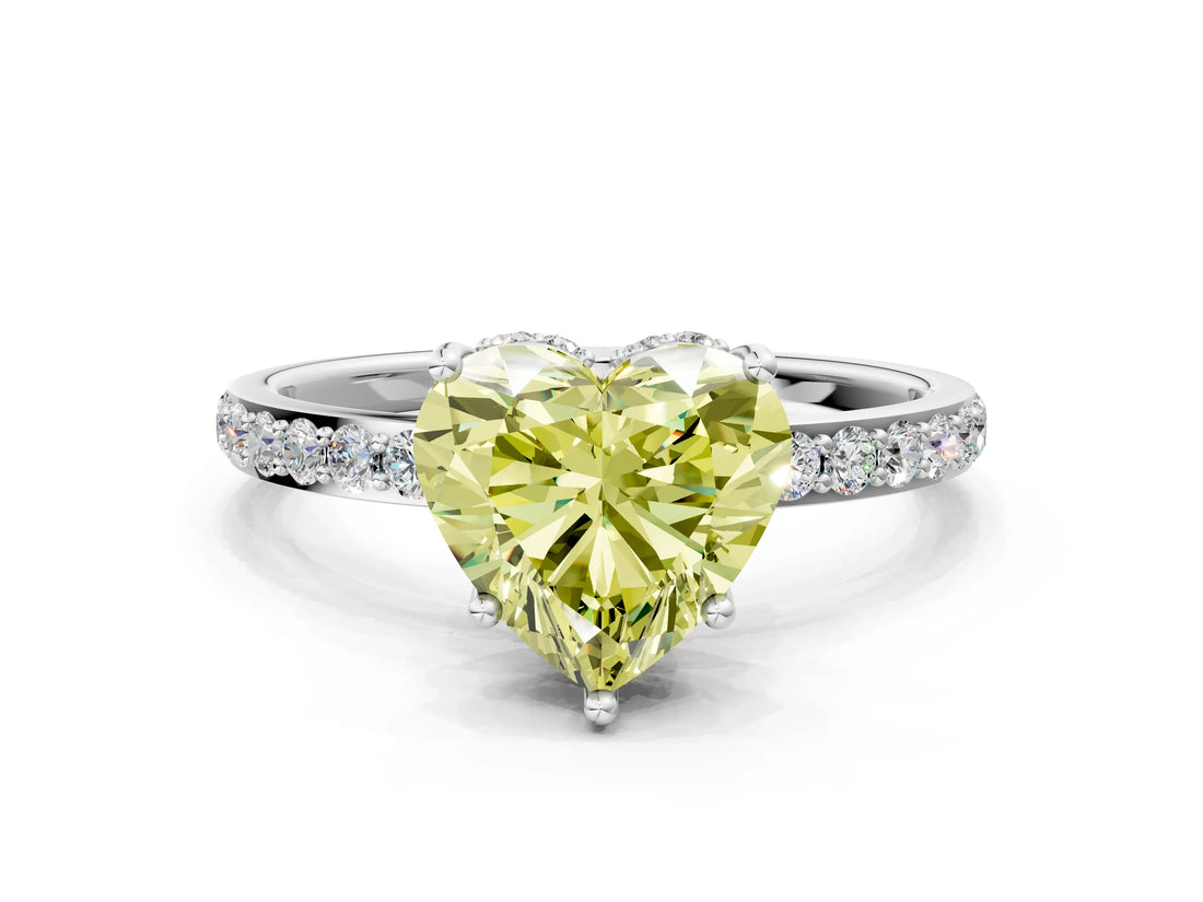 White gold Fancy Yellow Heart Cut Diamond Solitaire Ring with Pavé Band and Hidden Halo_77