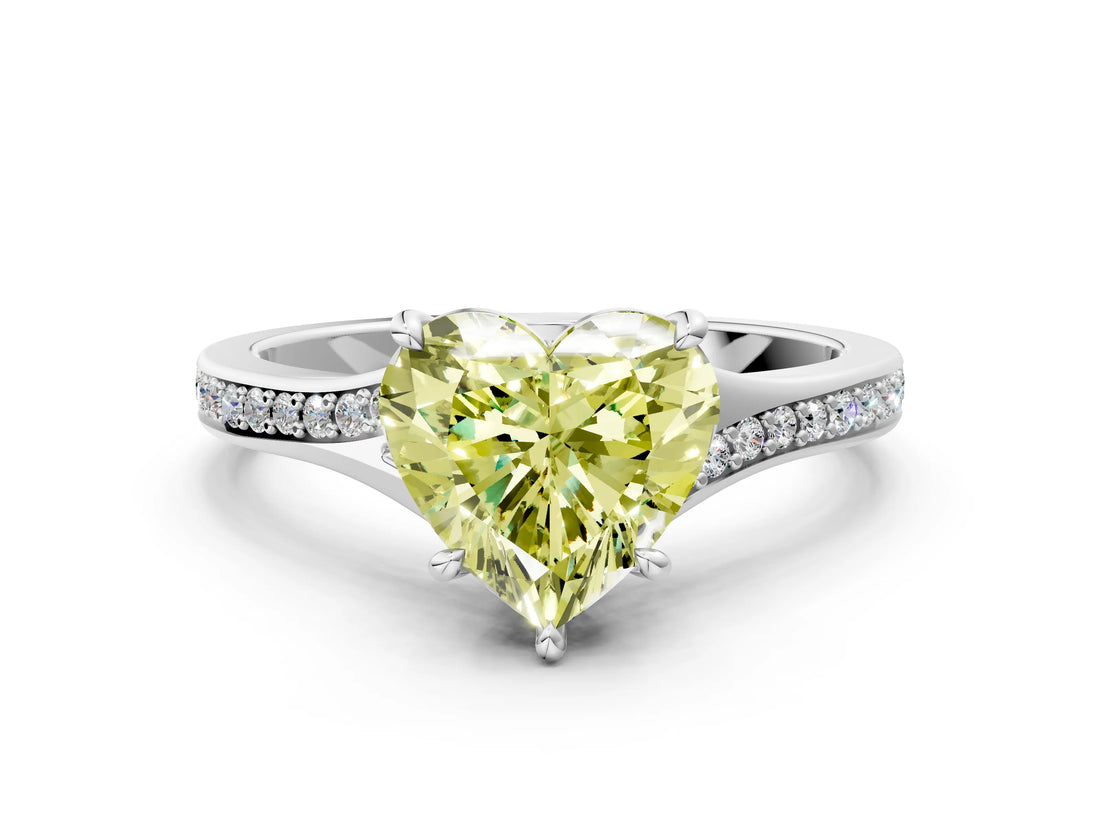 White gold Fancy Yellow Heart Cut Diamond Solitaire Ring with Pavé Band and Prong Setting_12