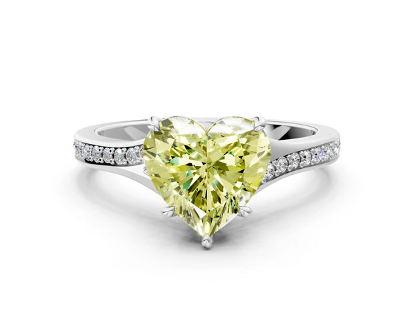 White gold Fancy Yellow Heart Cut Diamond Solitaire Ring with Pavé Band and Prong Setting