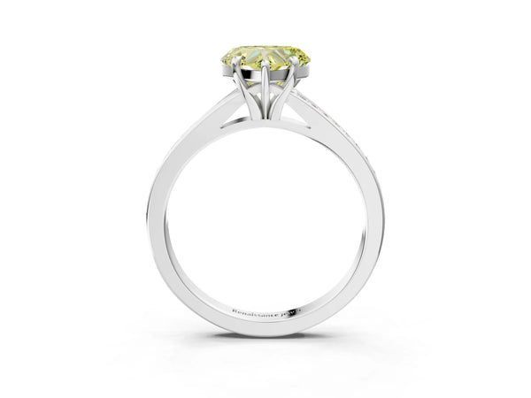 White gold Fancy Yellow Heart Cut Diamond Solitaire Ring with Pavé Band and Prong Setting
