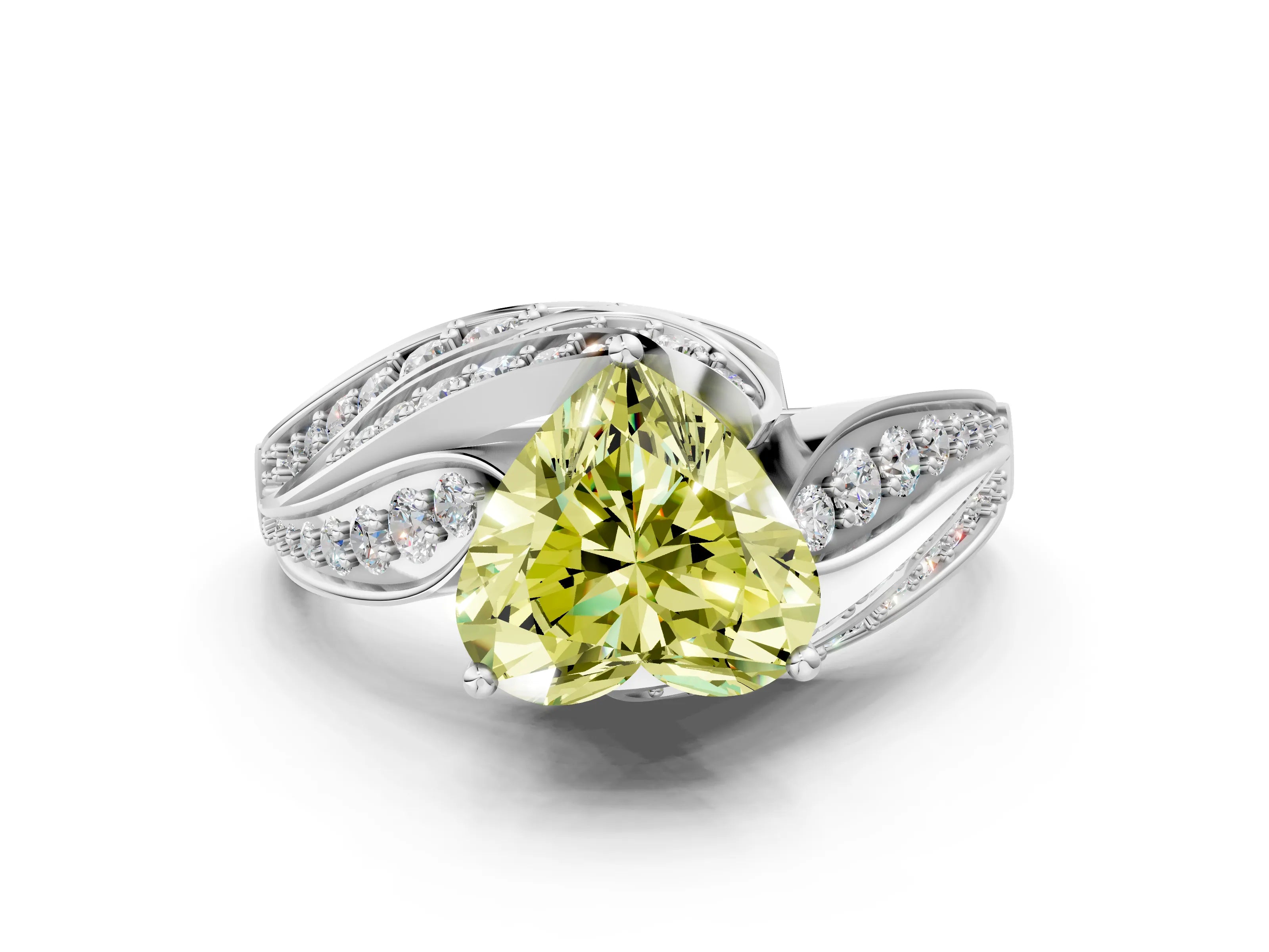 White gold Fancy Yellow Heart Cut Diamond Solitaire Ring with Prong Setting and Twisted Pavé Band_12