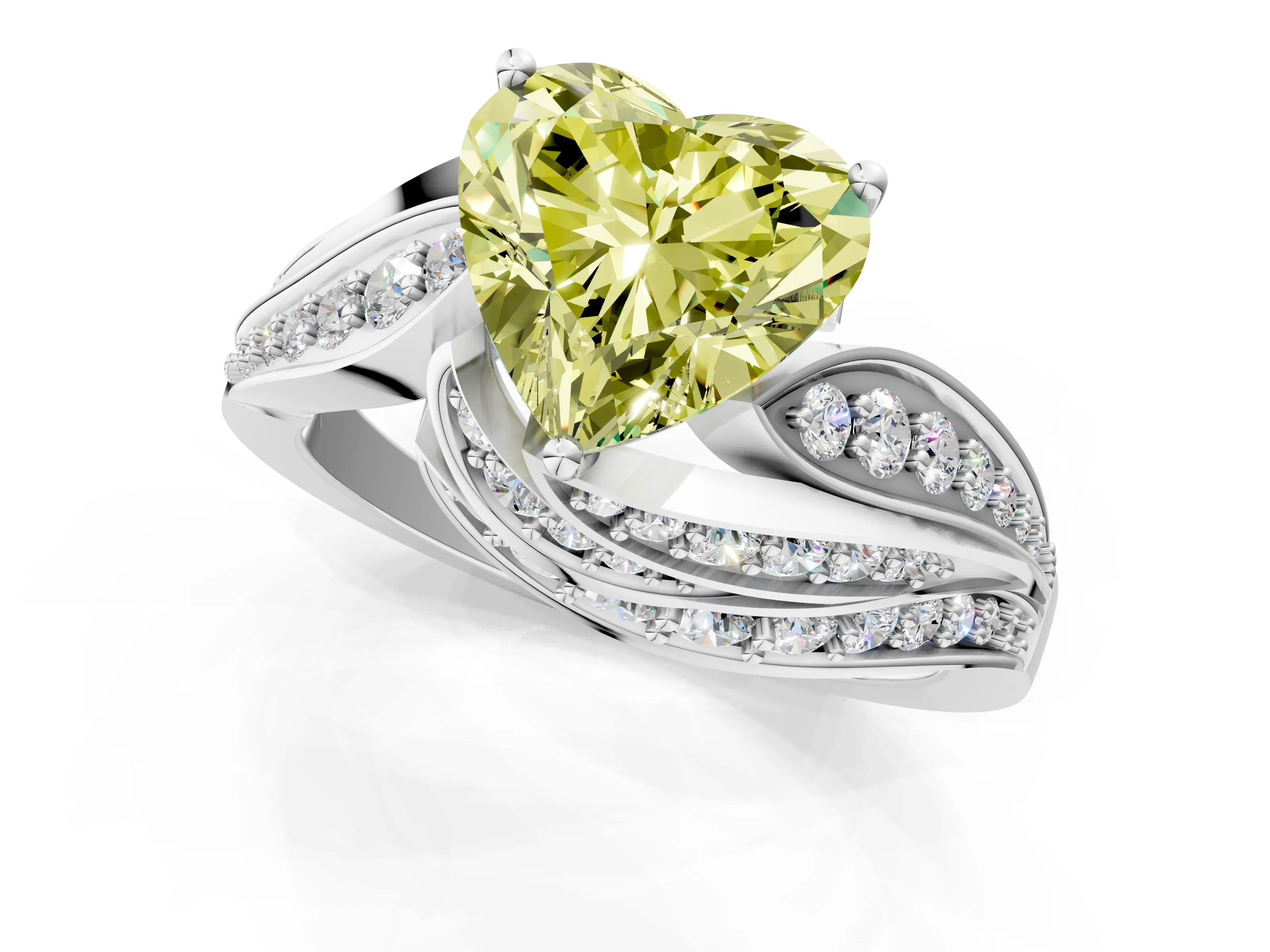 White gold Fancy Yellow Heart Cut Diamond Solitaire Ring with Prong Setting and Twisted Pavé Band_13